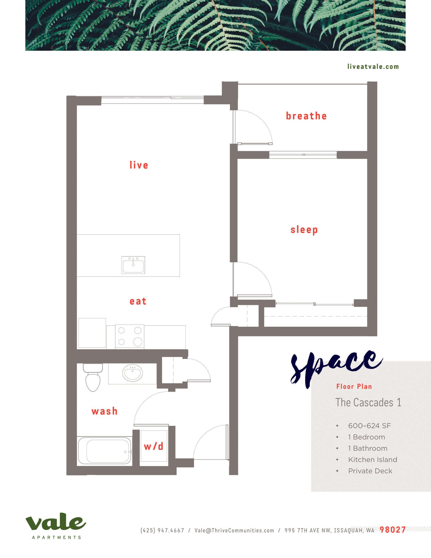 Floor plan for 1 bed, 1 bath, 624 sqft